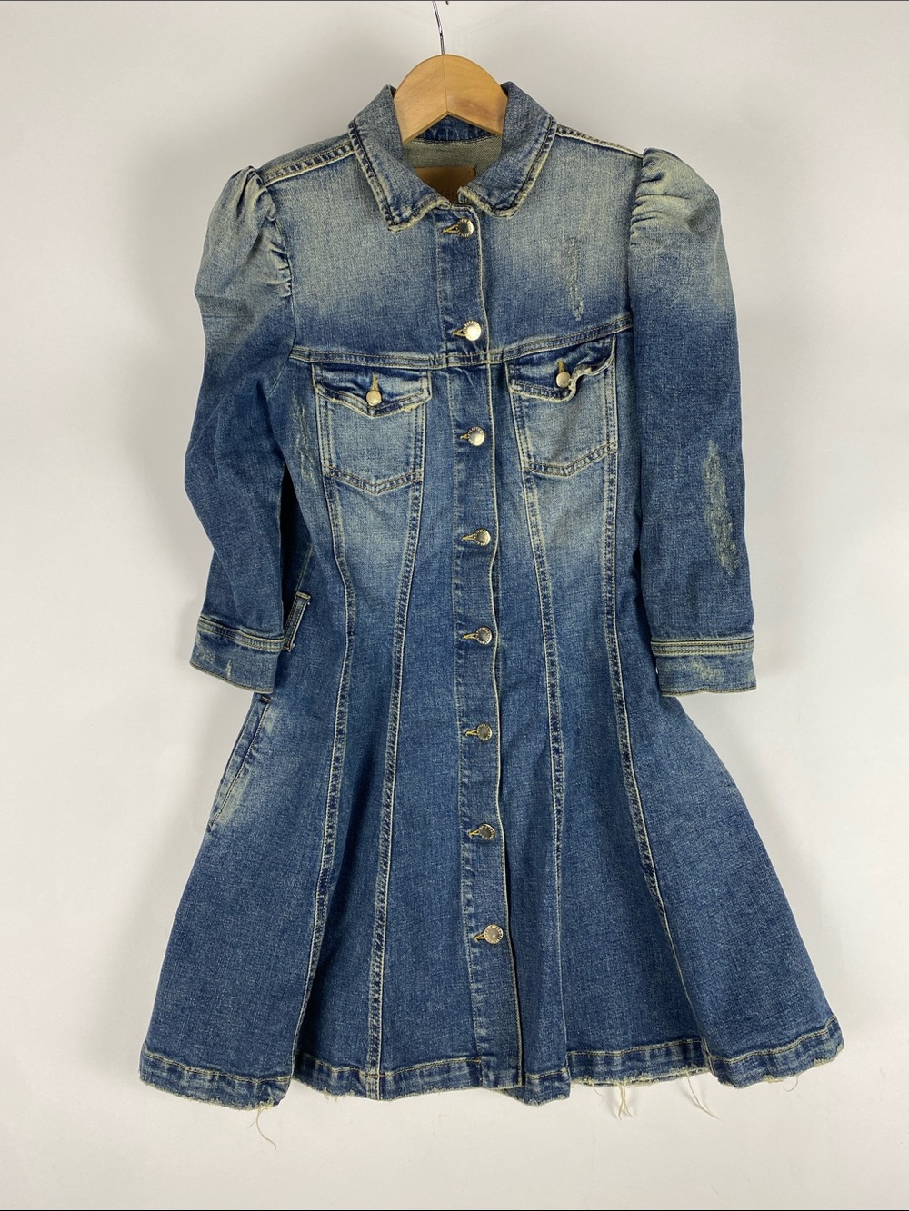 Retrofete Clara Distressed Denim Mini Shirt Dress In Mid Denim Size M No Belt